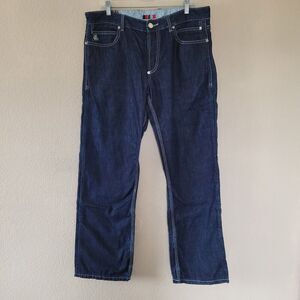 COOGI Jeans Straight Mens 36x34 Embroidered Pockets Denim Dark Blue Loose Baggy